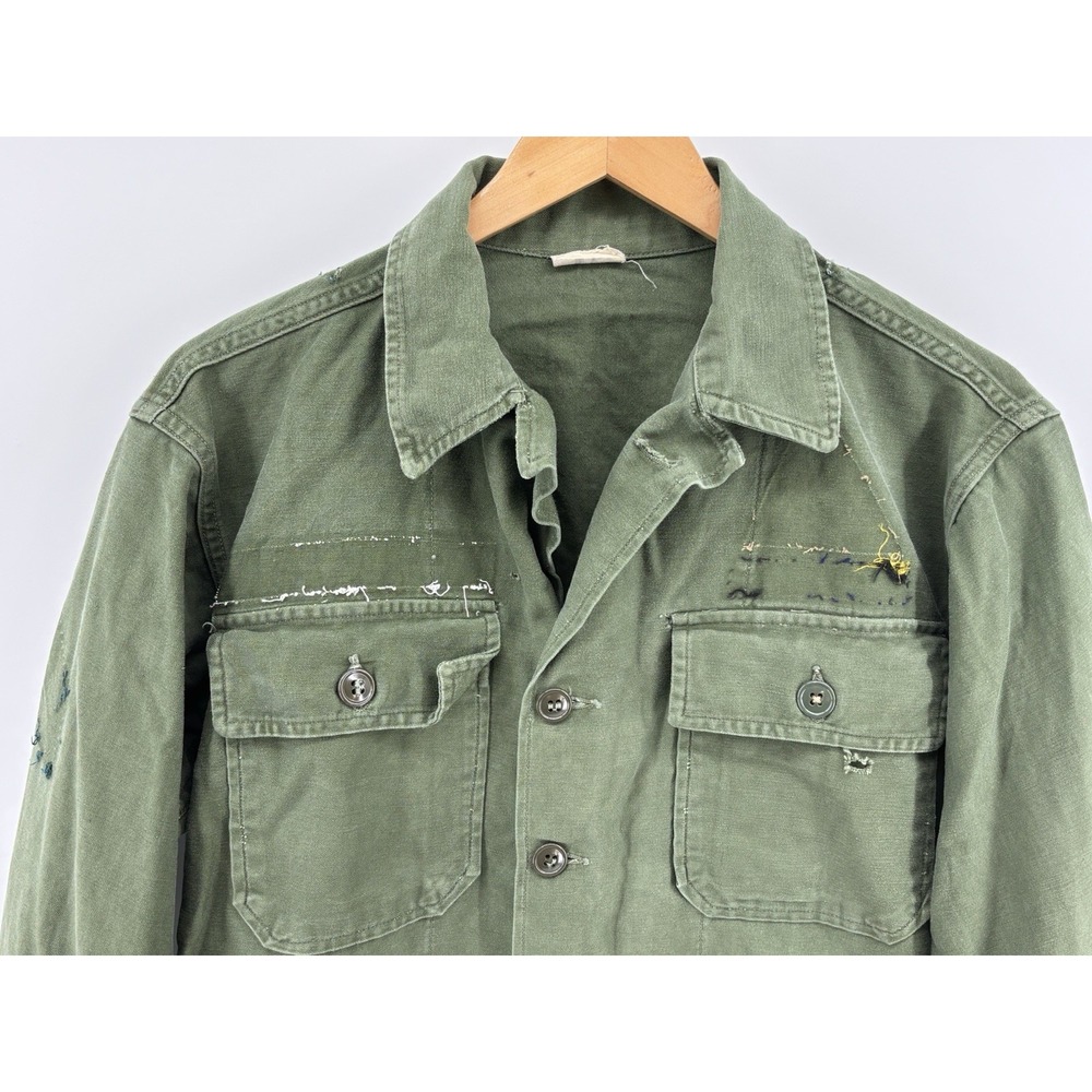 Vintage Vietnam War OG-107 Sateen Cotton Utility Shirt Military Fatigue Green Sm